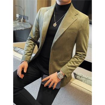 燈芯絨西裝男秋冬季高階感修身痞帥商務休閑西服上衣英倫加厚外套