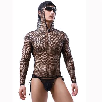 2021男裝連帽背心長袖衣服 肌肉男網孔男士三角內褲性感套裝