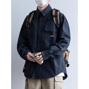 日系休閑復古長袖襯衫男女春秋季情侶工裝多口袋寬松襯衣夾克外套