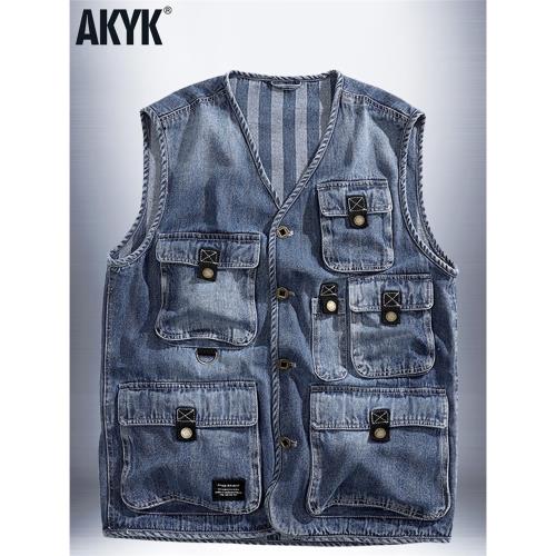 春秋牛仔馬甲男釣魚攝影背心工裝多口袋坎肩戶外休閑徒步登山馬夾