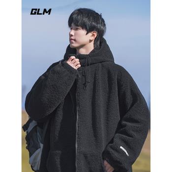 森馬集團GLM羊羔絨棉衣男冬季潮牌過年穿搭加厚保暖黑色棉服外套