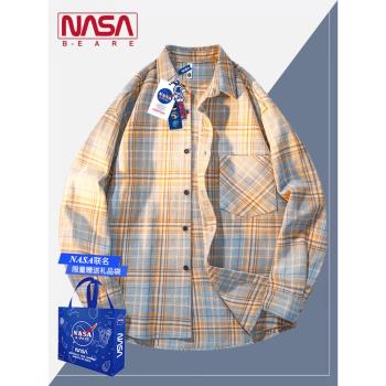 NASA聯名秋季格子長袖襯衫男款翻領復古寬松情侶外套襯衣潮牌上衣