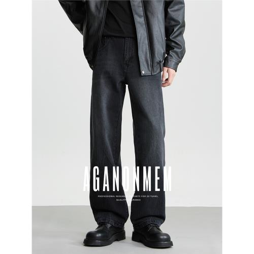 AGANONMEM黑色闊感直筒牛仔褲男春秋季美式高街水洗寬松百搭長褲