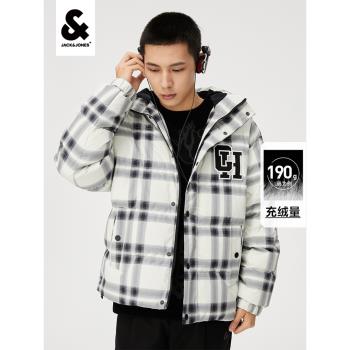 綾致傑克瓊斯秋冬白鴨絨格紋立體字母可拆卸帽立領羽絨服
