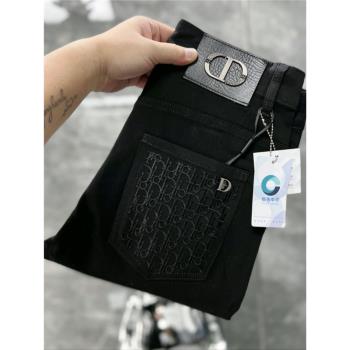 高階彈力黑色牛仔褲男士春秋季青年彈力修身小腳褲潮牌刺繡長褲子