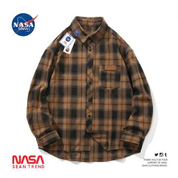 NASA聯名日系復古通勤格子襯衫男長袖潮牌休閑百搭磨毛襯衣外套