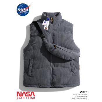 NASA聯名燈芯絨羽絨服馬甲男秋冬季潮牌加厚保暖無袖背心棉服外套