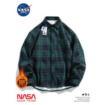 NASA聯名復古磨毛加絨加厚格子長袖襯衫男秋冬季潮牌休閑襯衣外套