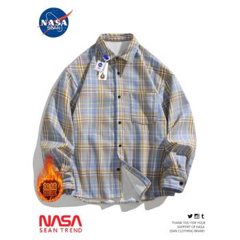 NASA聯名磨毛格子長袖襯衫男秋冬季潮牌復古加絨加厚休閑襯衣外套