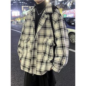 小香風格子襯衫男潮牌ins春秋季外套高階感情侶工裝長袖毛呢夾克