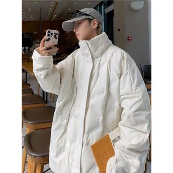 白色菱格羽絨棉服外套男款2023新款冬季寬松中長款立領麵包服棉衣