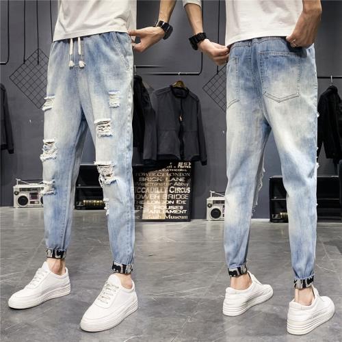 束腳牛仔褲男潮牌修身小腳彈力淺色褲子青少年韓版潮流破洞九分褲