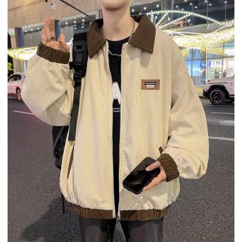 美式復古燈芯絨外套男春秋季設計感拼色潮牌高街寬松休閑情侶夾克