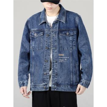 春秋季牛仔外套男士潮牌工裝寬松大碼夾克翻領長袖牛仔上衣男流行