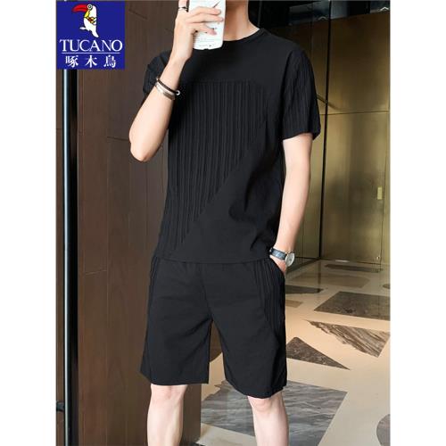 啄木鳥男士夏天短袖t恤短褲套裝潮牌2025新款男裝兩件套搭配半袖