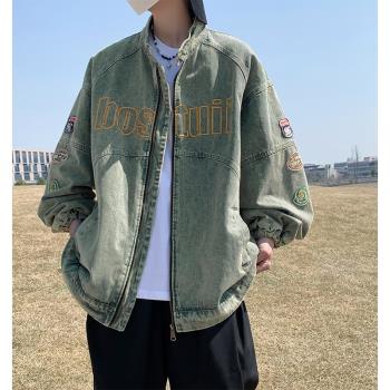 美式復古機車風牛仔外套男士2023春秋款刺繡重工寬松潮流立領夾克