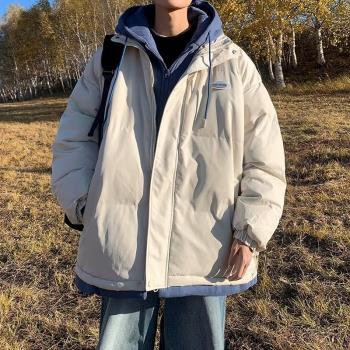 假兩件羽絨服男款加厚oversize加絨冬季外套小眾設計連帽麵包服男