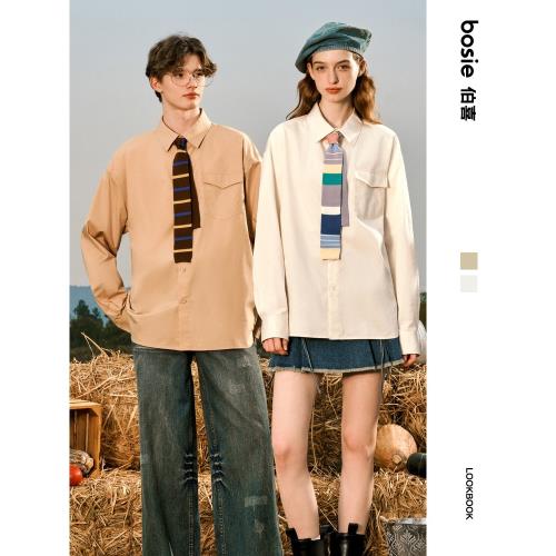 bosie伯喜2025年秋季新款撞色毛織領帶長袖襯衫男情侶休閑外套潮