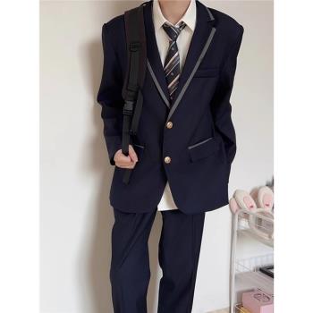 dk男生制服西裝外套原創英倫風春秋青少年學院風工作服深藍西服女