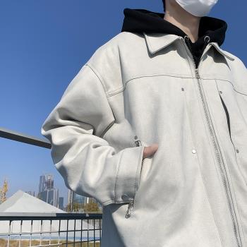 復古vibe風麂皮絨褂子外套男裝春秋新款ins潮牌翻領工裝夾克上衣