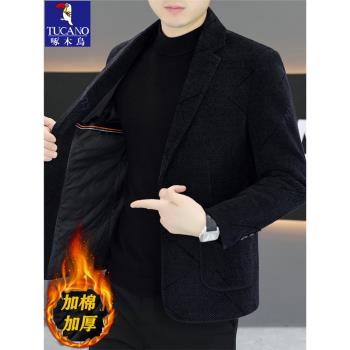 啄木鳥呢子休閑西服男士韓版修身秋冬季加厚時尚小西裝領毛呢外套