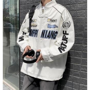 pu皮刺繡棒球服外套男士春秋季新款機車賽車服潮牌美式飛行員夾克