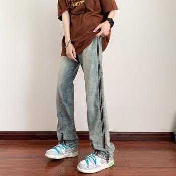 歐美vibe休閑褲高街潮ins美式復古拉鏈牛仔褲男夏季寬松直筒褲子