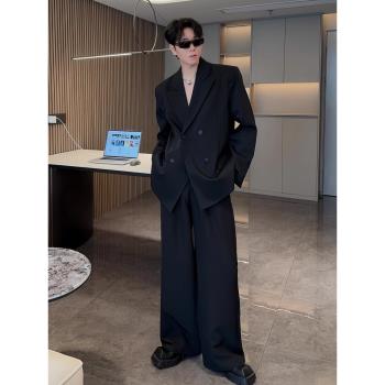 ROCCA 黑色雙排扣西裝外套男2024秋冬新款高階感墊肩寬松休閑西服