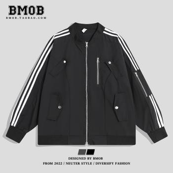 BMOB美式機能條紋棒球服寬松拉鏈工裝夾克防水潮流街頭痞帥潮外套