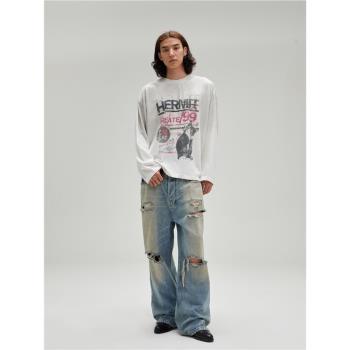 HermitCreate24Fw2021m改良破壞做舊臟染牛仔褲寬松微喇Cleanfit