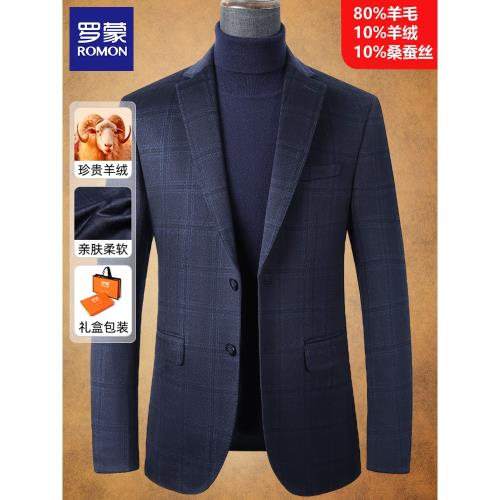 羅蒙品牌高端羊絨休閑西服男士2025新款秋冬季羊毛呢格紋西裝外套