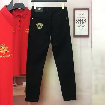 潮牌高階黑色刺繡牛仔褲男彈力修身小腳褲時尚潮流青年百搭長褲子