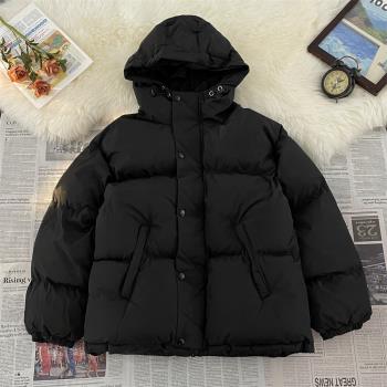 冬季純色黑色連帽oversize百搭麵包服棉衣男女保暖加厚棉襖外套潮
