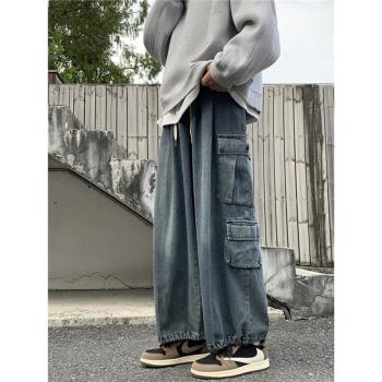 日系oversize工裝多口袋牛仔褲男潮牌寬松大碼哈倫燈籠闊腿束腳褲