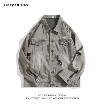 BOYUE帛躍破洞牛仔夾克春秋做舊美式街頭風嘻哈日系oversize外套