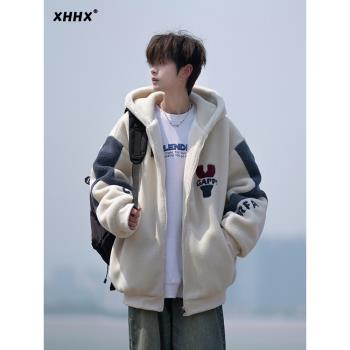 羊羔毛絨外套男冬季棉服加絨加厚保暖棉襖潮牌美式青少年連帽棉衣