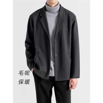 毛呢西裝外套男冬季加厚保暖男士短款大衣韓版灰高級感色寬松西服