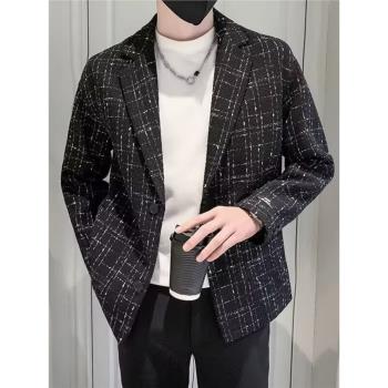 秋季小香風西裝外套男士休閑痞帥毛呢西服高階感韓版潮流格子夾克