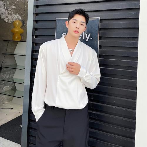 高級感氣質法式絲滑綢緞襯衫男女中性小眾青果領斜門襟套頭襯衣夏