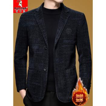 啄木鳥冬季加絨精品中老年男士高檔雪尼爾西服加厚保暖爸爸西服潮