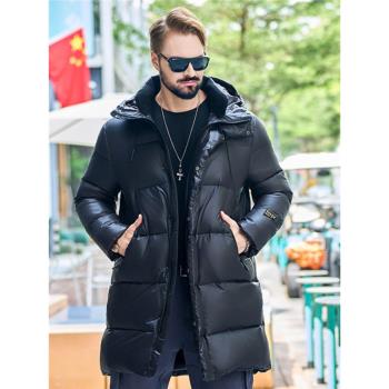 男士黑金羽絨服冬季加厚保暖中長款胖子加肥加大碼連帽白鴨絨外套