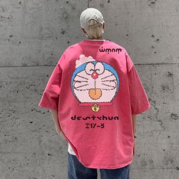 水洗做舊臟粉色t恤男320g重磅哆啦A夢短袖美式高街多巴胺穿搭半袖