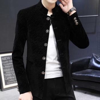 立領西服男2024新款春秋季中山裝休閑痞帥單西男士小西裝唐裝外套