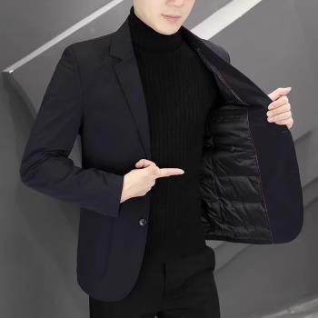 2024新款冬季外套羽絨西服男士韓版修身商務休閑白鴨絨加厚小西裝