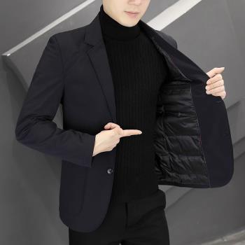 2024新款羽絨服秋冬季西服外套男士修身高階感小西裝加厚保暖上衣