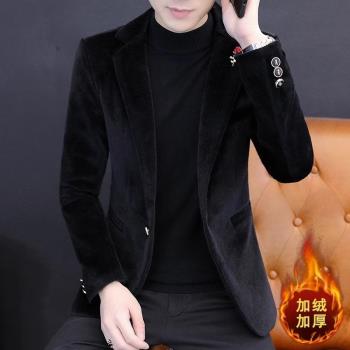 高階感男士水貂絨西服韓版秋冬季加絨保暖外套單西潮流加厚小西裝