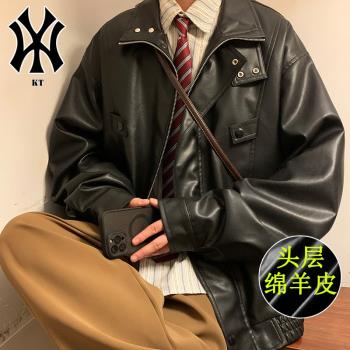 真皮皮衣男外套秋冬飛行員痞帥機車2024新款牛皮美式高階羊皮夾克