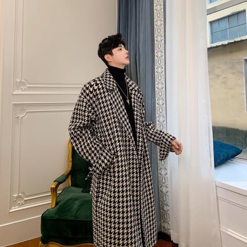 英倫風格子風衣男長款過膝束腰顯瘦大衣秋冬加厚復古寬松呢子外套