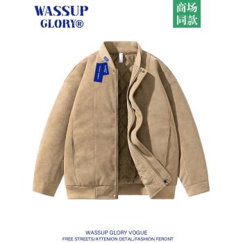 WASSUP GLORY棒球領皮衣外套男秋冬機車棉服冬季加厚飛行員皮夾克