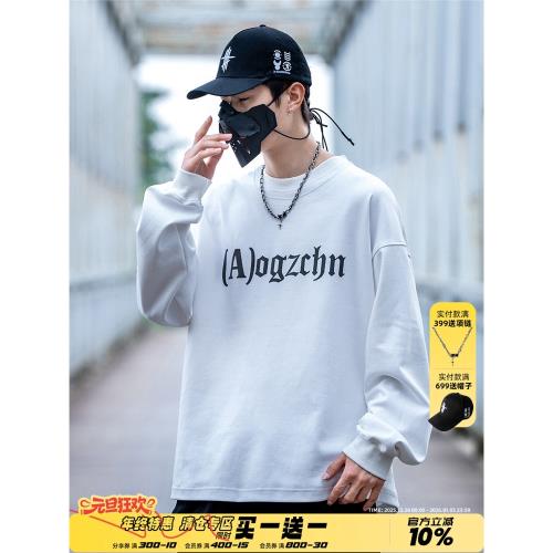 AOGZ美式高街字母印花圓領衛衣男女秋冬新款寬松情侶套頭抓絨上衣